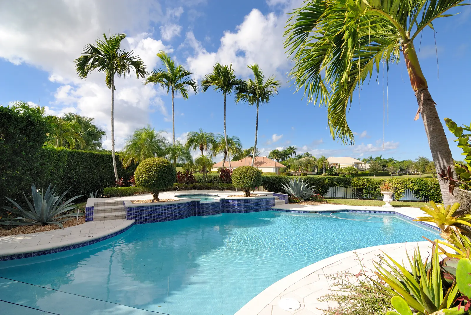 Crystal clear blue pool with spa and lush tropical landscaping under bright sunny skies - Aqua King Pool Services, Fort Lauderdale, FL
