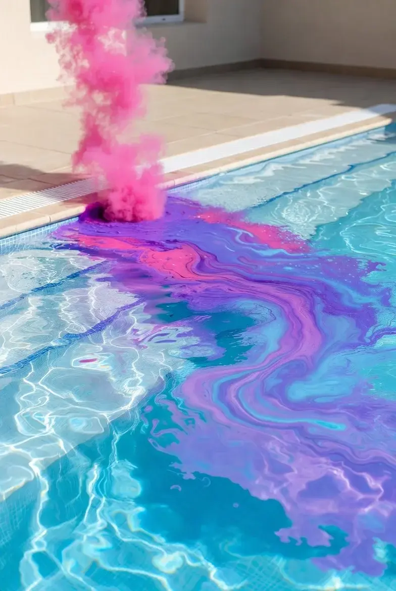 Pool with pink and purple colored powder creating swirls in the water - Carlito's Way Pool Leak Detection, Miami, FL