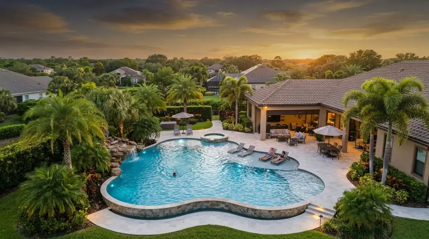 Aerial view of a bright blue resort-style pool with spa and sun loungers surrounded by manicured grounds and palm trees - Florida Leak Locators, Orlando, FL