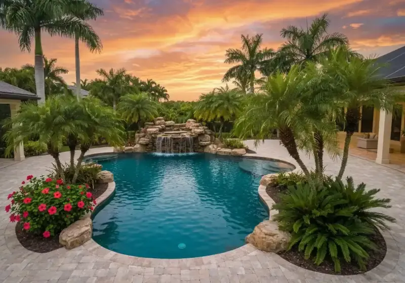 Crystal-blue resort pool with waterfall feature, palm trees, and manicured landscaping at sunset - Florida Leak Locators, Orlando, FL