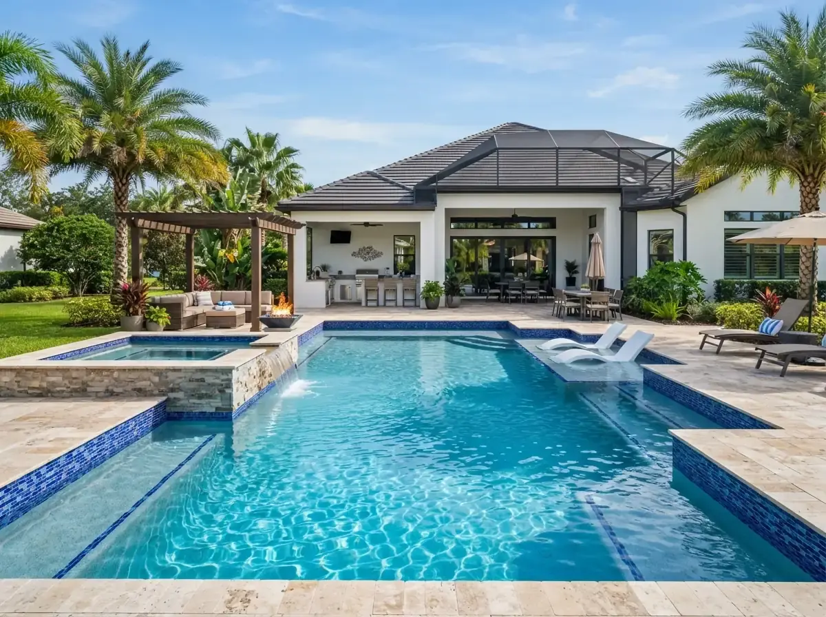 Crystal clear blue pool with spa and covered patio beside modern white home with palm trees - Florida Leak Locators, Orlando, FL