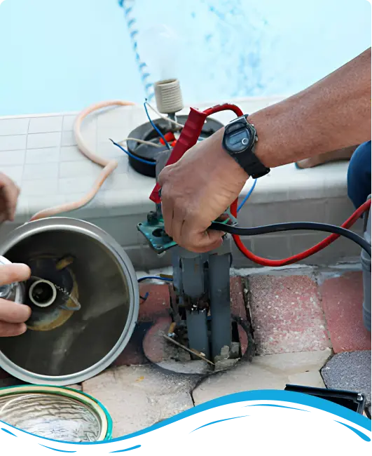 Technician's hand holding pool equipment with tangled wires and tools on dirty concrete - Brad’s Pool Service, Corpus Christi, TX