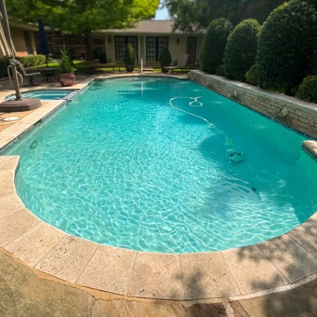 Crystal clear turquoise pool with clean tile deck and landscaped backyard in sunlight - Refresh Pool Company, Dallas, TX