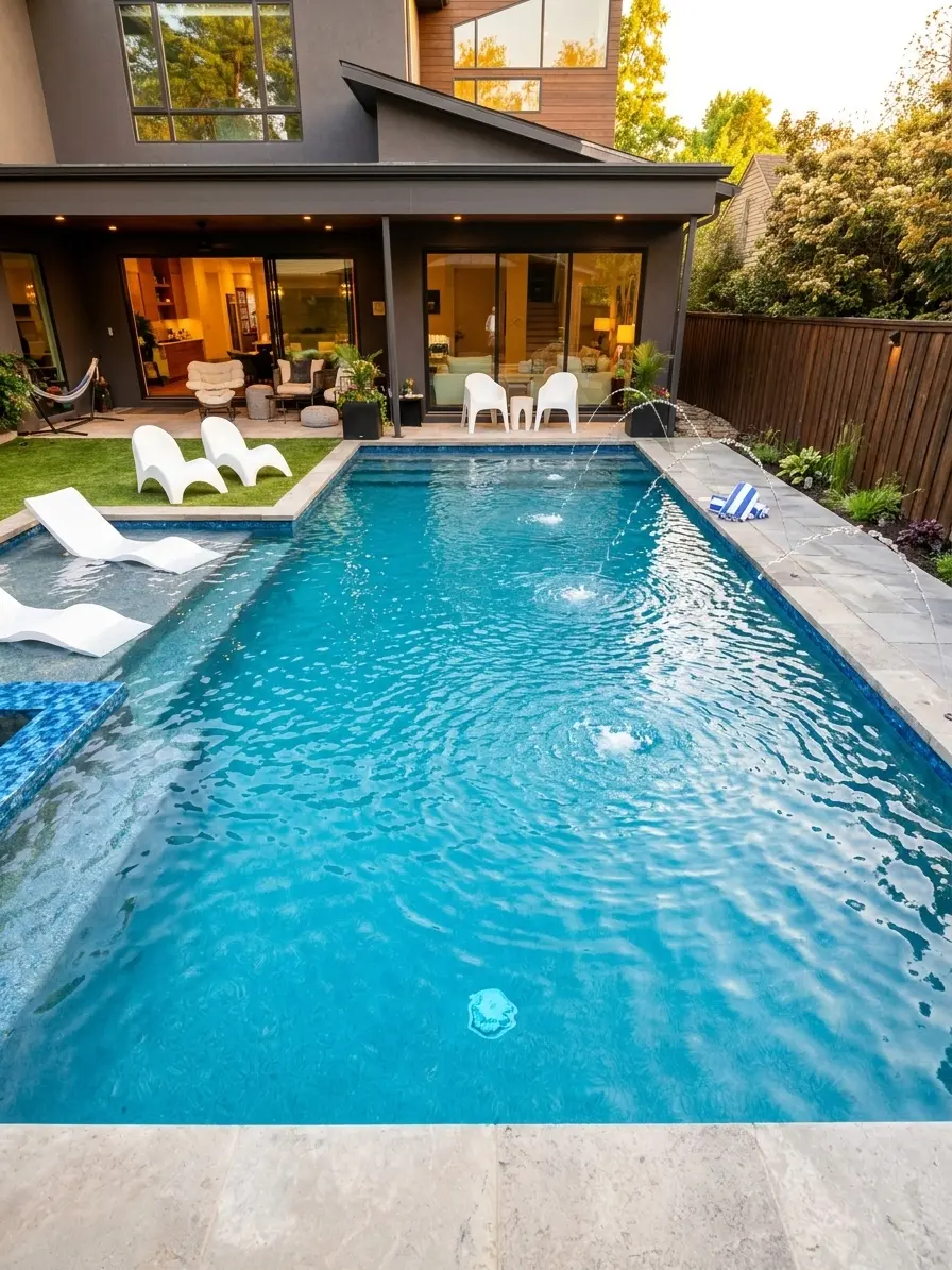Sparkling blue residential pool with white lounge chairs and modern home with patio - Refresh Pool Company, Dallas, TX